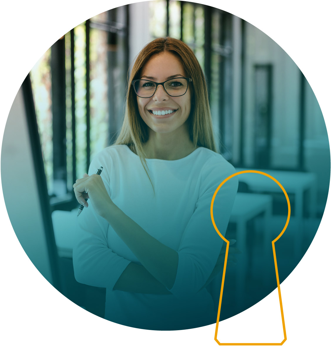 Confident business woman holding a pen in an office